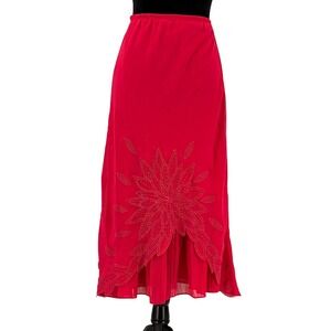 Vintage Y2K Maxi Fairy Slip Skirt Women XL Beaded Chiffon Pleated Hot Pink Flowy